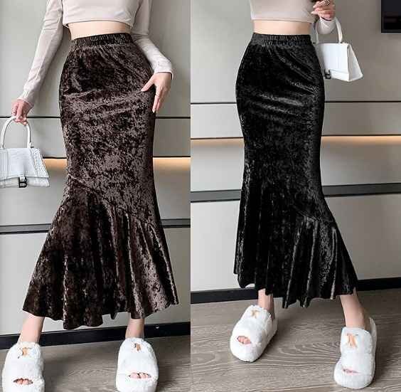 ロングスカート フリル マーメイド シンプル カジュアル かわいい 無地 ボトムス 秋冬 レディース【大きいサイズあり】 2XL ブラウン拍卖