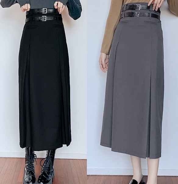 全2色 スカート ハイウエスト フリル 切り替え スリム 着痩せ 無地 シンプル L グレー拍卖