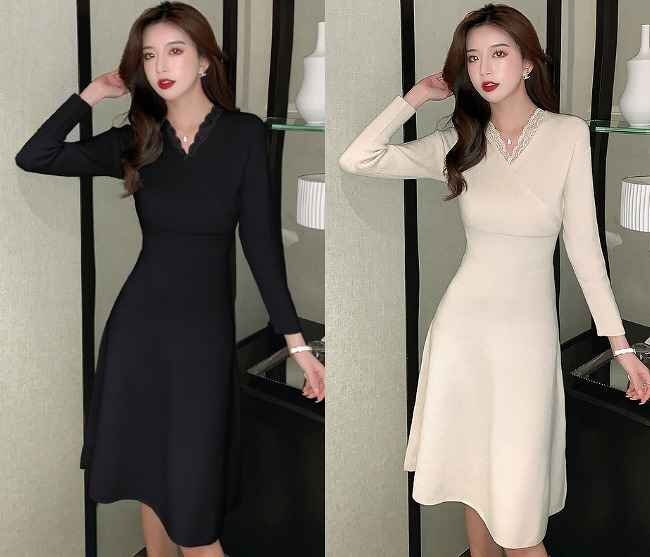 全2色 ニットワンピース 厚手 フリル 長袖 スリム 着痩せ カットソー sweet系 フリー ベージュ拍卖