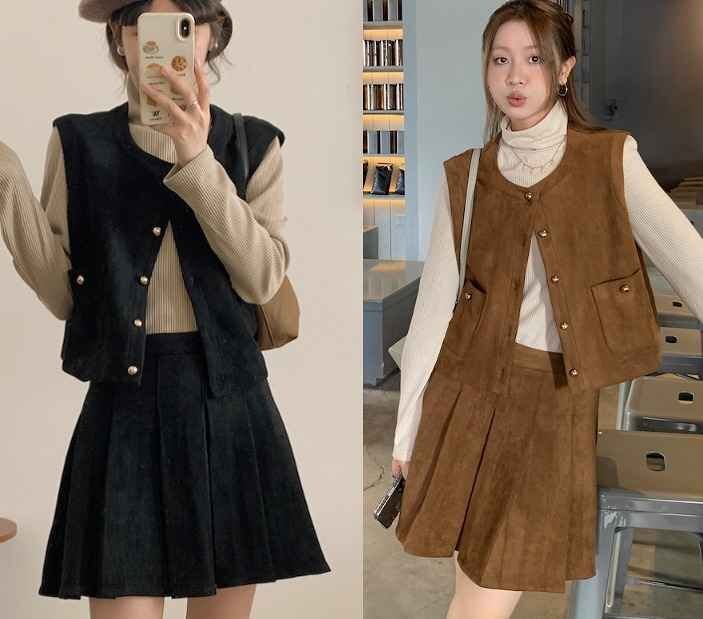 上下セット 2点セット ベスト+ミニスカート カジュアル 無地 セットアップ かわいい 秋冬 S ブラック拍卖