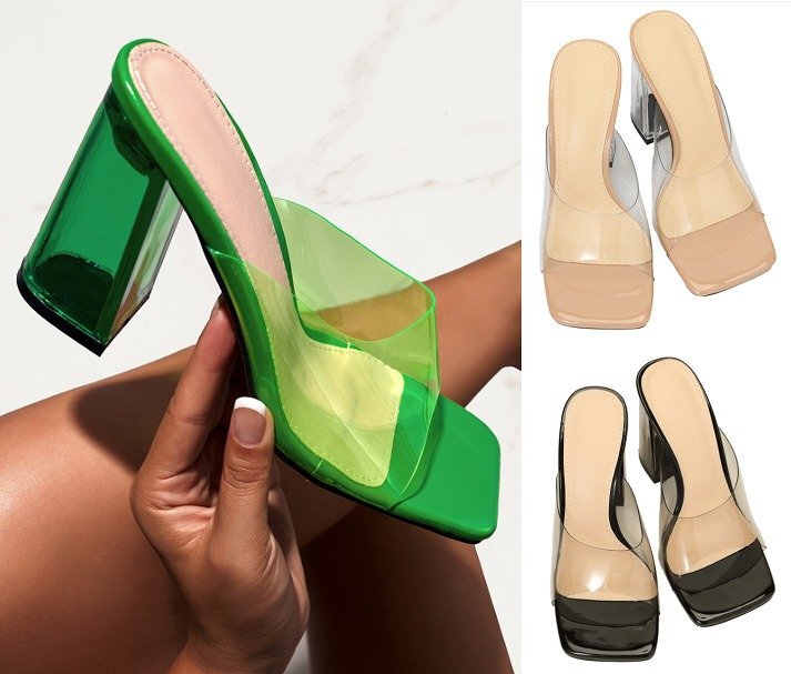 【高品質】全3色 ビーチサンダル ミュール 太いヒール 切り替え シンプル 36 グリーン拍卖