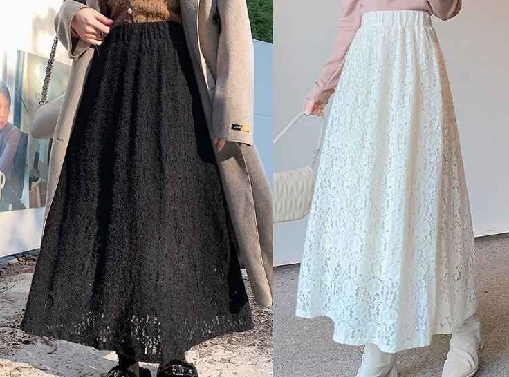 ロングスカート フリルスカート カジュアル シンプル レース ボトムス 秋冬 フリー ブラック拍卖