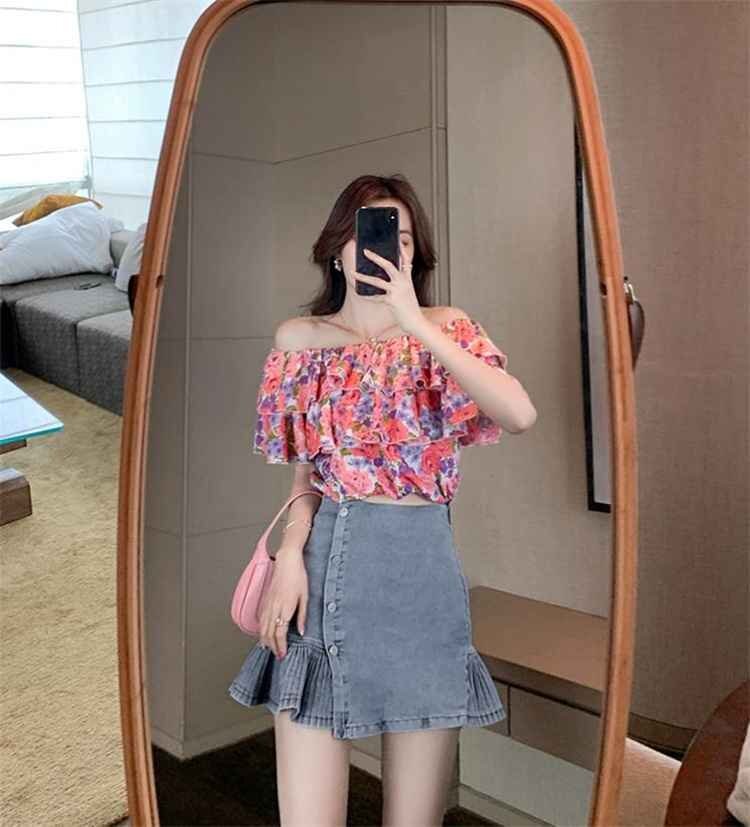 Aライン ハイウエスト デニム ミニスカート スリム プリーツ かわいい系 S ブルー拍卖