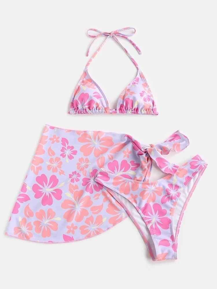 水着 3点セット レースアップ ビキニ 花柄 かわいい スカート水着 XL パープル拍卖