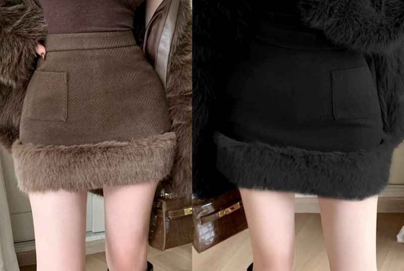 ミニスカート タイトスカート ファー付き フェイクファー かわいい カジュアル シンプル ボトムス もこもこ 秋冬 L ブラウン拍卖