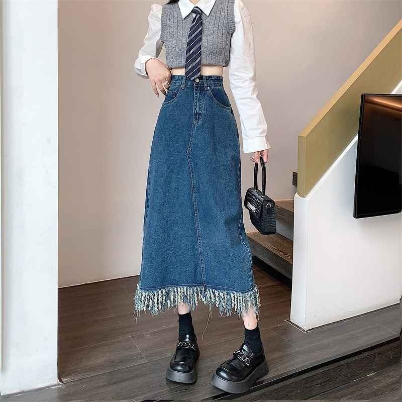デニムスカート フリンジ フリル ハイウエスト スリット デニム sweet系 L ブルー拍卖
