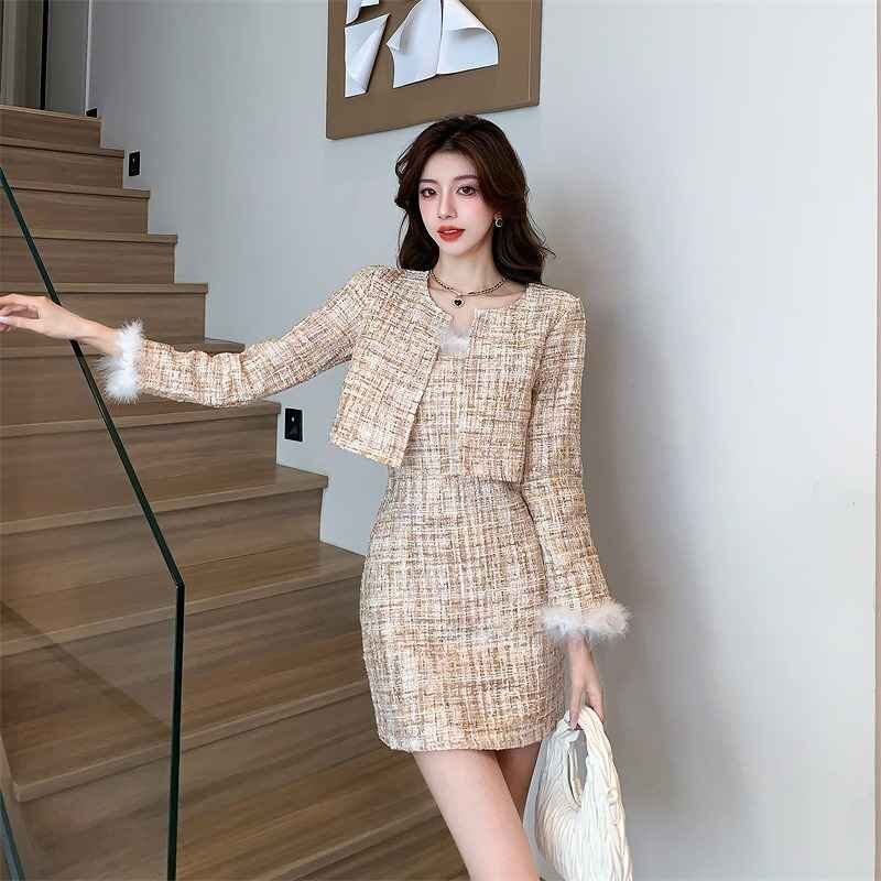 上下セット 2点セット タイトスカート+長袖ジャケット ミニスカート きれいめ かわいい フェイクファー 秋冬 セットアップ S ベージュ拍卖