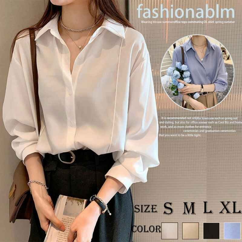 シャツブラウス 襟付き 長袖 レディース L ブルー拍卖