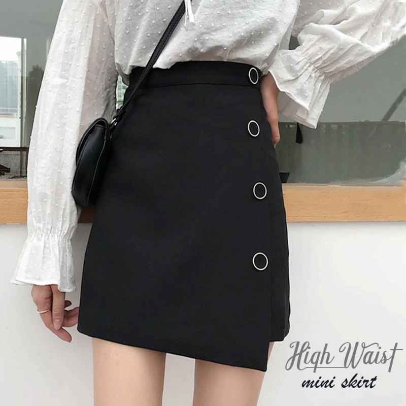 ミニ スカート レディース ハイウエスト Aライン 裾不規則 飾りボタン M ブラック拍卖