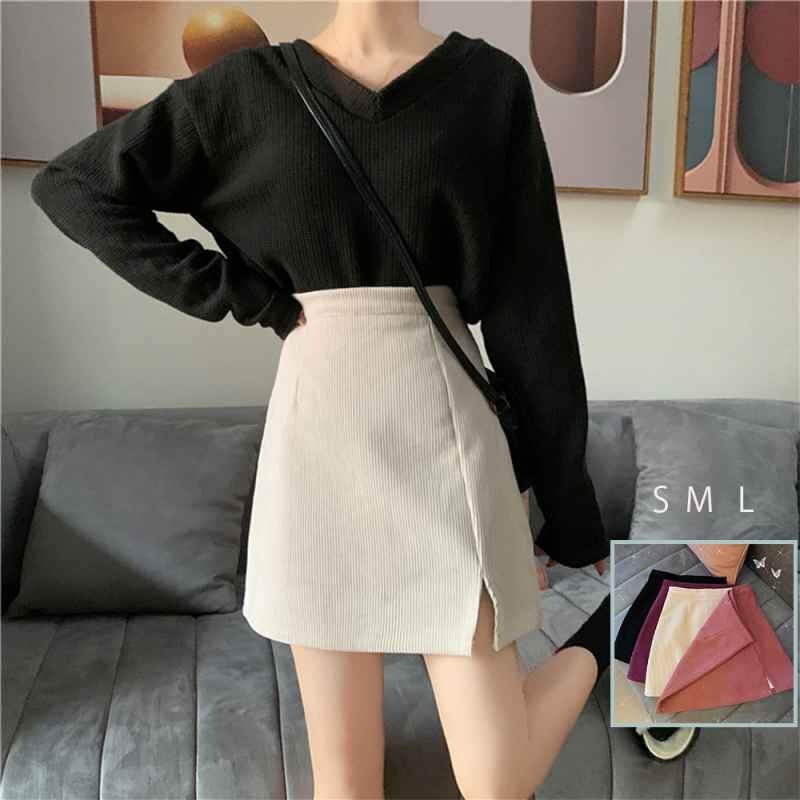 ミニタイトスカート スリット入り Aラインスカート コーデュロイ ハイウエスト M パープル拍卖