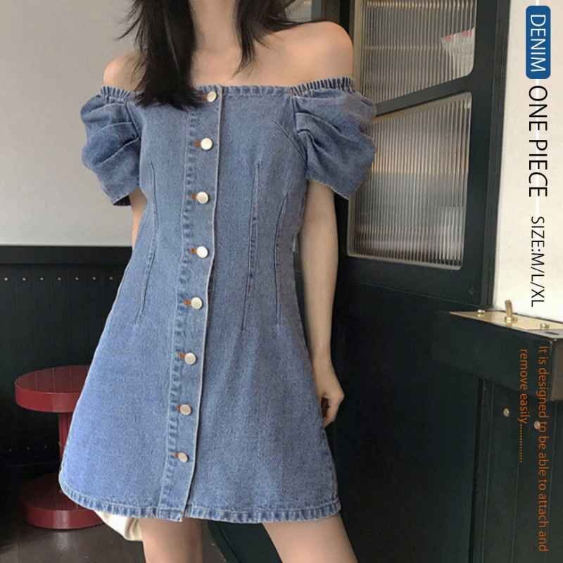 ミニ デニムワンピース レディース 肩見せ M ブルー拍卖