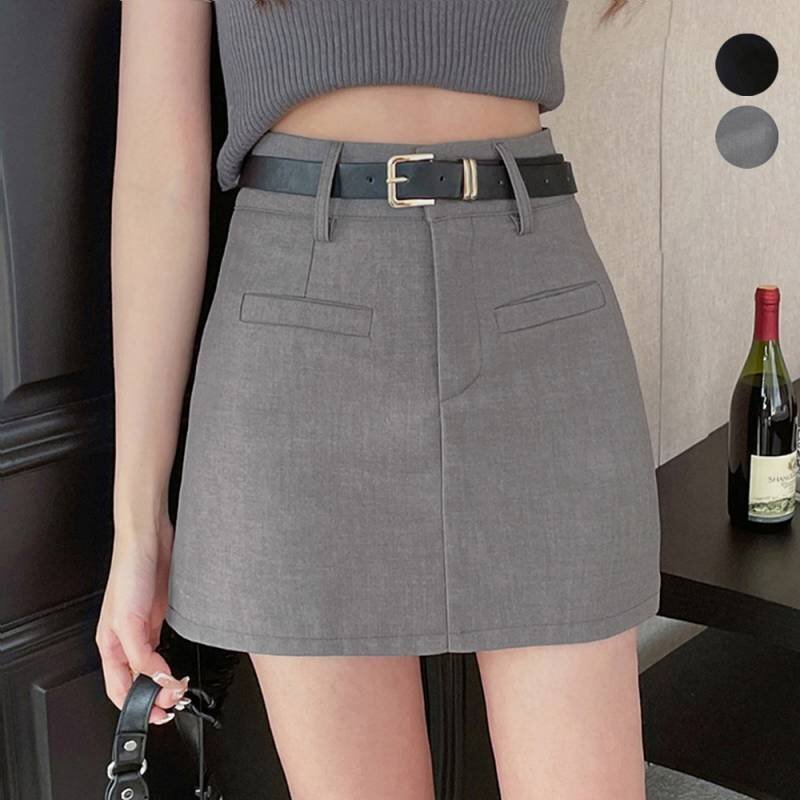 ミニスカート スーツスカート ベルト付き シンプル カジュアル かわいい L ダークグレー拍卖