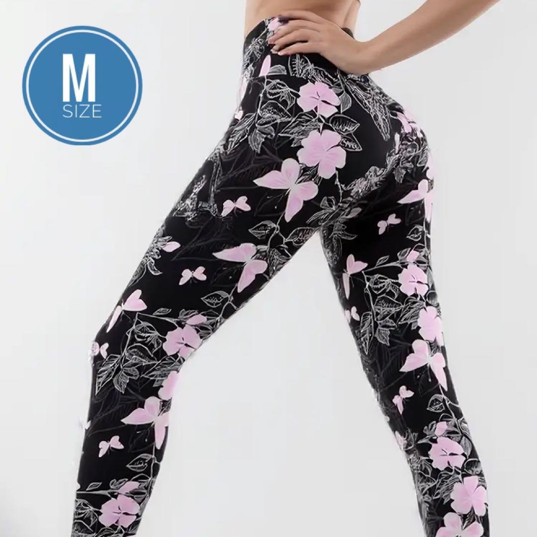 美尻・脚長 ヨガウェア 花柄 ブラック ピンク レギンス Mサイズ T-Q4拍卖