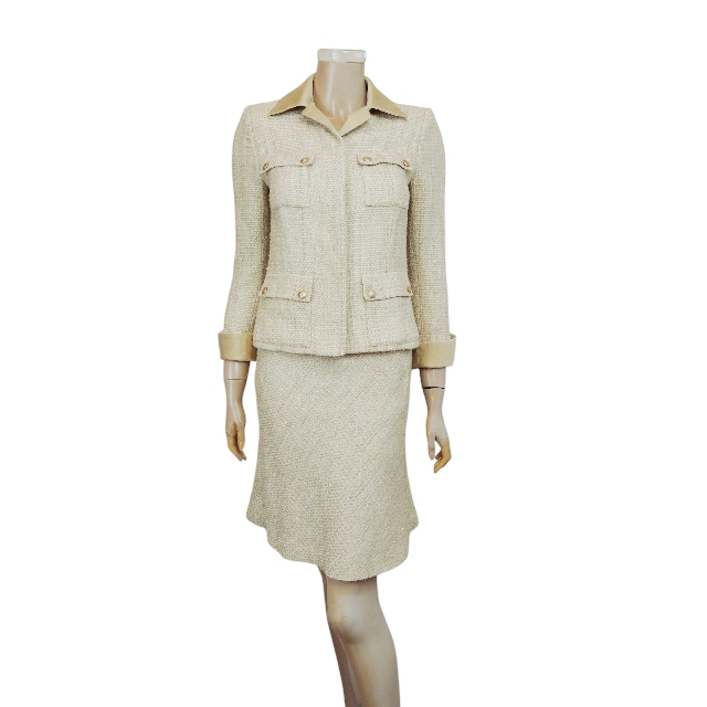 美品★ハロッズ★Harrods*シルク(絹混*シャンパン系*ラメ入*セミタイトスカート&ジャケットセットアップ*ツイードスーツ*2.Mサイズ.9号相当拍卖