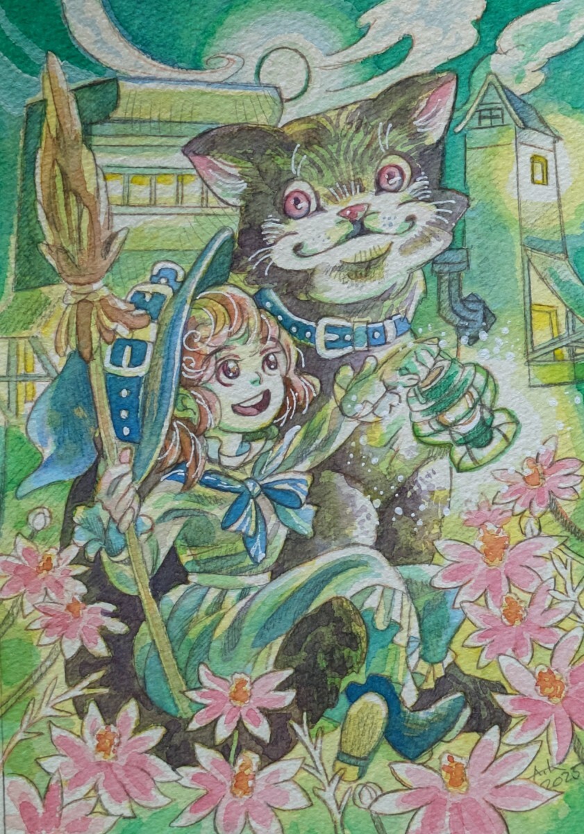 水彩画 魔女 ハロウィン 原画 手書き 手描き イラスト 女の子 オリジナル 水彩 手描きイラスト 猫 黒猫 秋 ねこ ネコ拍卖