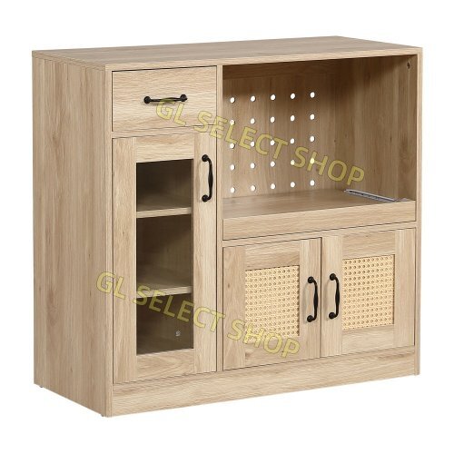 キッチンカウンター 食器棚 キッチンキャビネット ラタン調 引き出し付き 扉付き スライドレール ロータイプキッチンラック ガラス拍卖