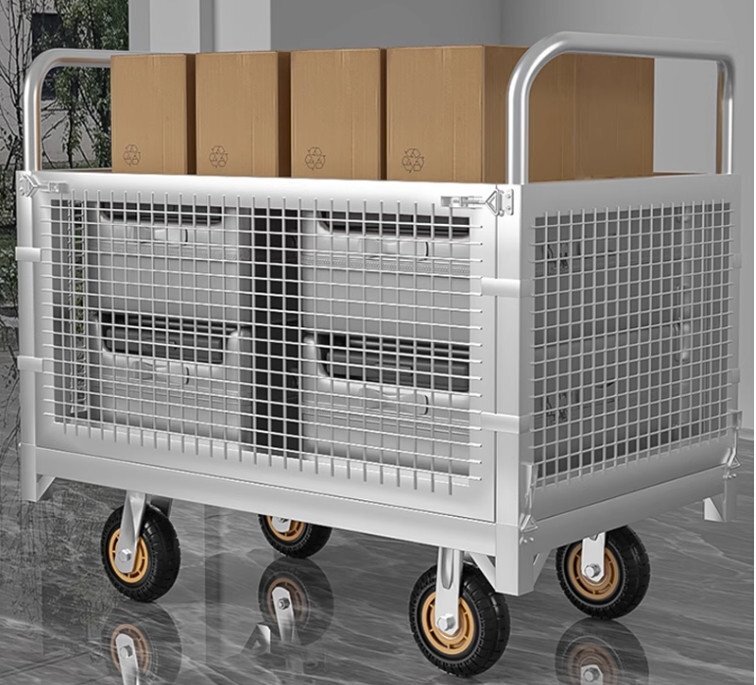 カゴ台車90*60cm 運搬車 手押し台車 静音 厚みのある素材 耐荷重400kg 耐磨耗 メッシュかご付き 折り畳み式のドア付き 倉庫 (T329)拍卖