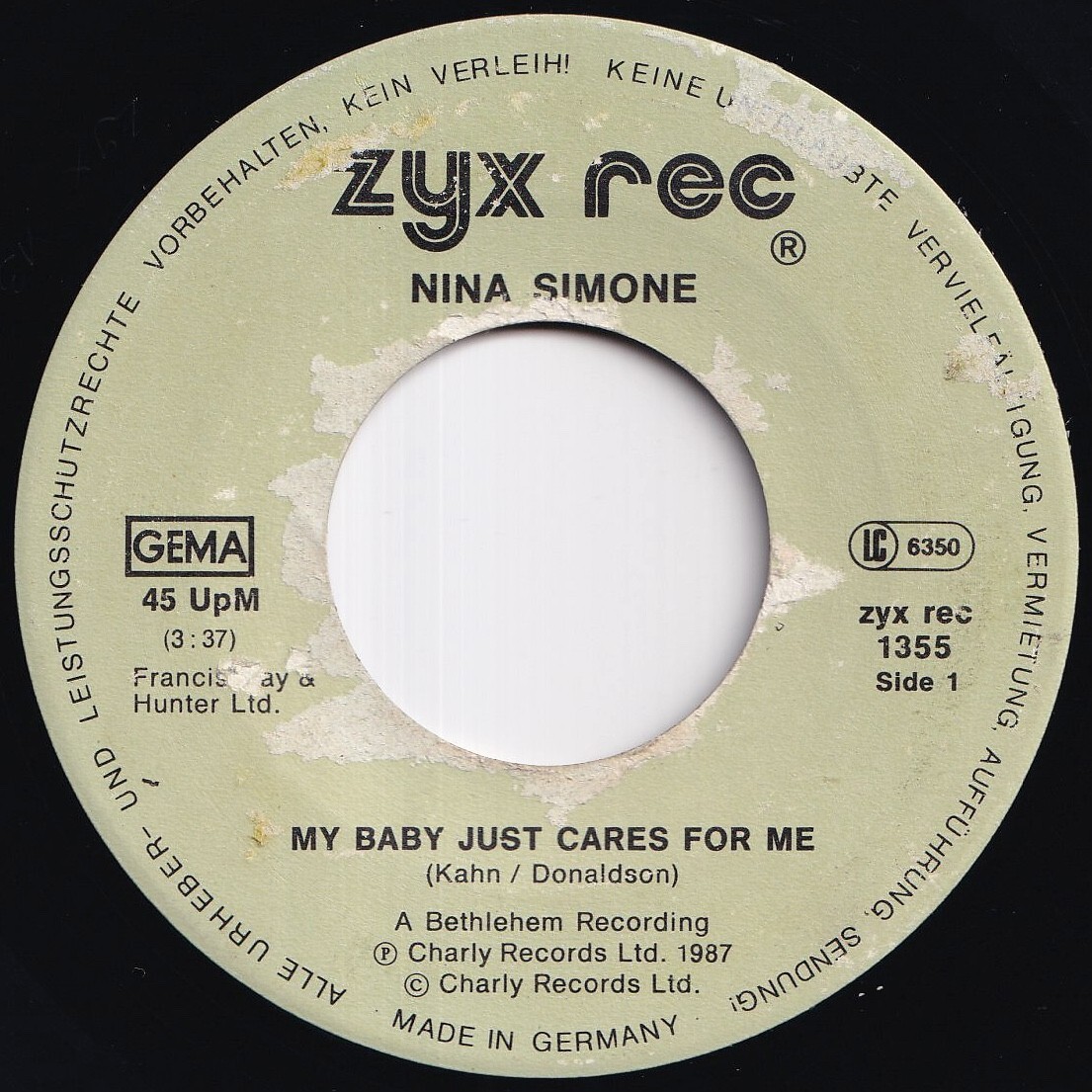 Nina Simone My Baby Just Cares For Me / Love Me Or Leave Me ZYX Germany 1355 212784 JAZZ ジャズ レコード 7インチ 45拍卖