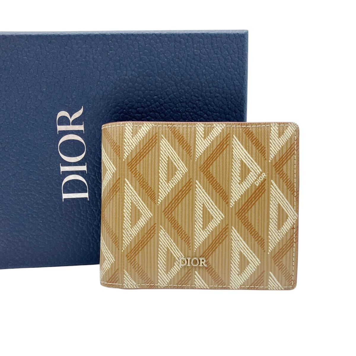 【美品】クリスチャンディオール DIOR CDダイヤモンド レザー コンパクトウォレット 二つ折り財布 ブラウン 拍卖