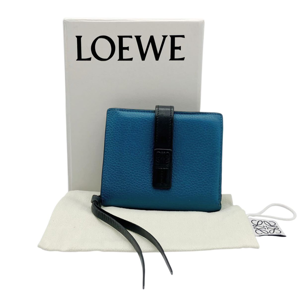 【良品】ロエベ LOEWE コンパクトジップウォレット 二つ折り財布 アナグラム ブルー拍卖
