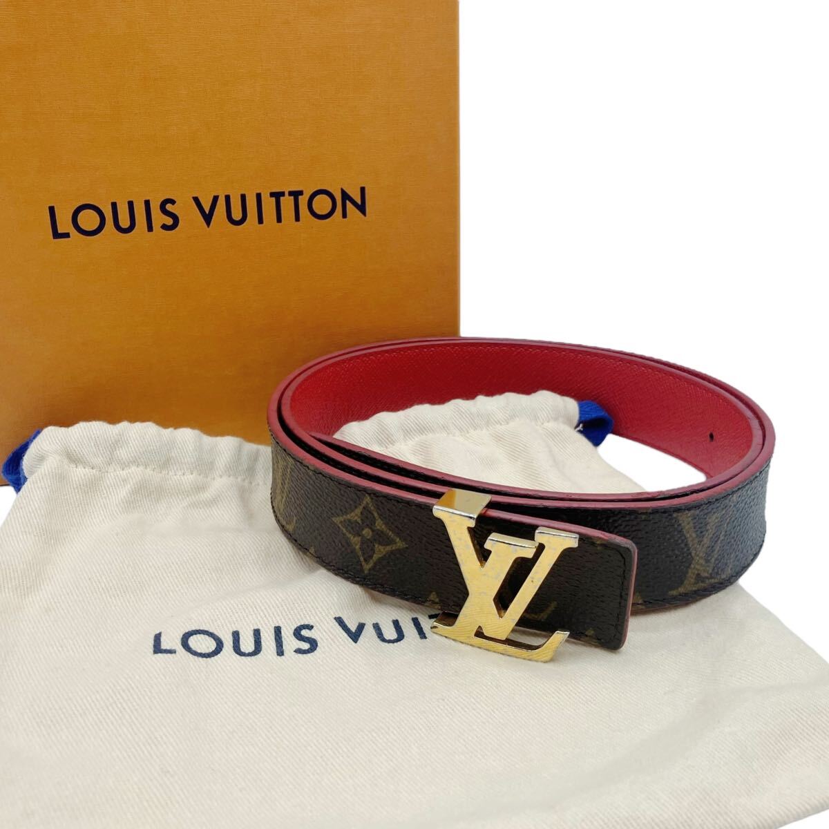 【良品】ルイヴィトン LOUIS VUITTON M9498 ベルト モノグラム サンチュール LVイニシアル 80/32 リバーシブル レッド拍卖