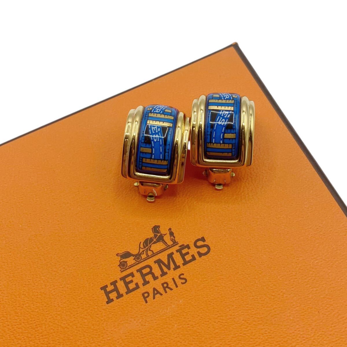 【美品】エルメス HERMES エマイユ イヤリング ブルー × ゴールド 七宝焼き リボンロゴ拍卖