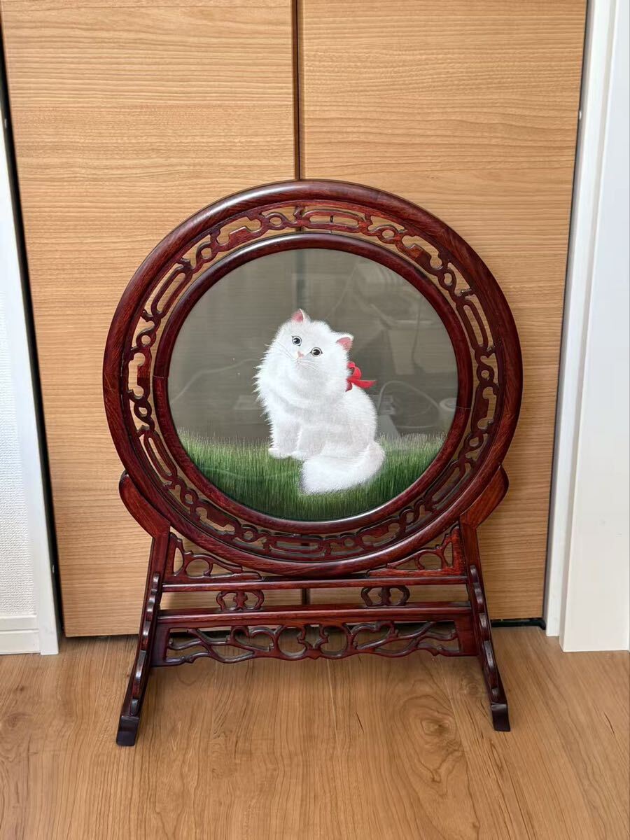 中国美術 両面刺繍 回転式 猫唐木製 置物年代物特大拍卖