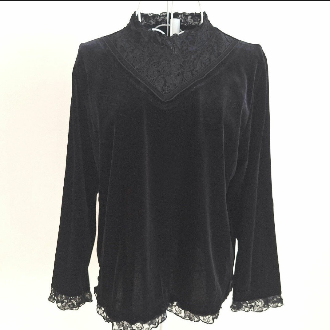 ◆未使用◆COLORIAGE◆黒◆ベロア◆レース◆カットソー◆L◆拍卖