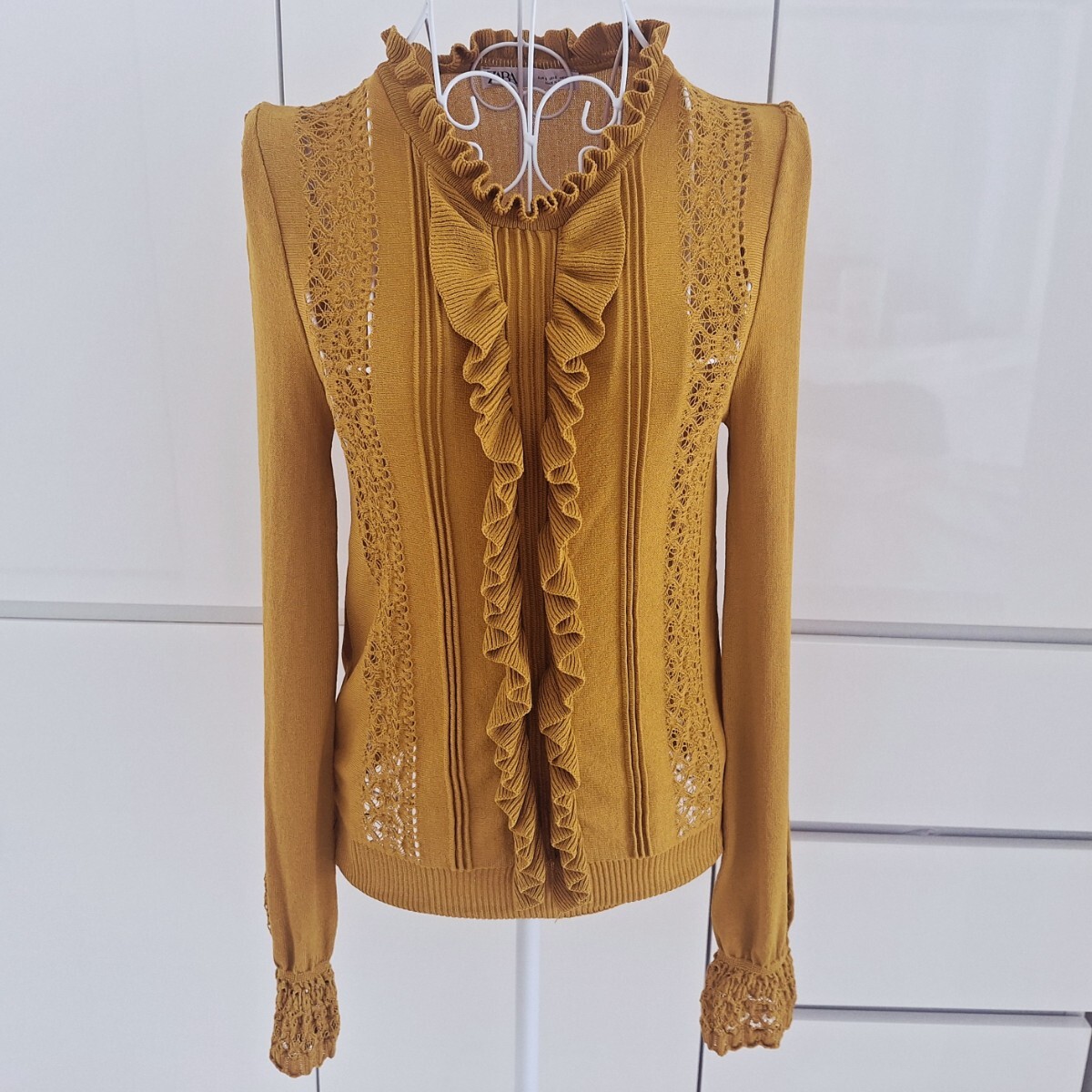 ◆美品◆ZARA◆ザラ◆マスタード◆フリル◆レース編み◆ニット◆S◆拍卖