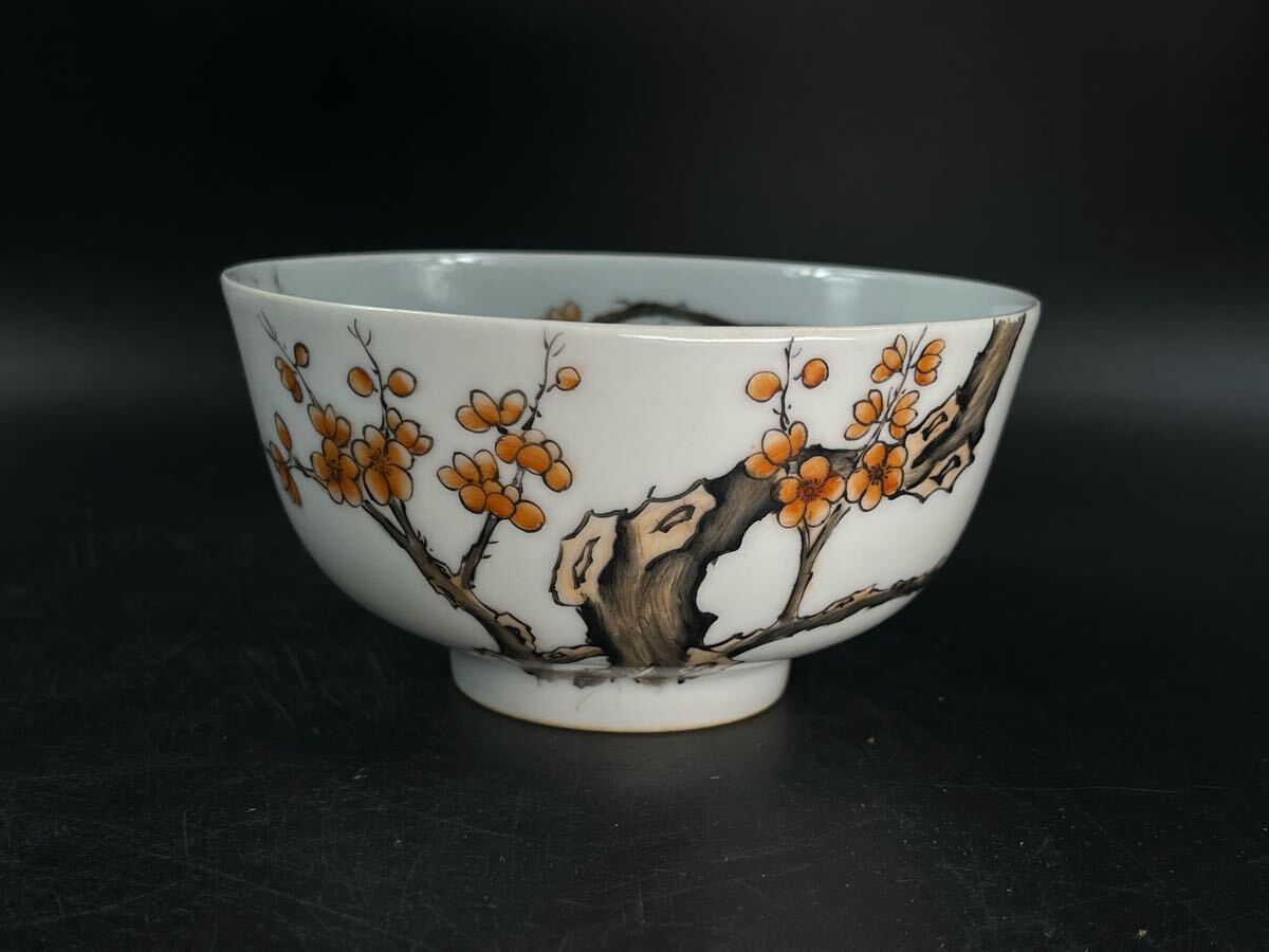 中国古玩 茶碗 色絵 粉彩 古梅文 在銘 大清光緒年製 時代物 古美術 茶道具 骨董品 古賞物【博圓】径11.7cm拍卖