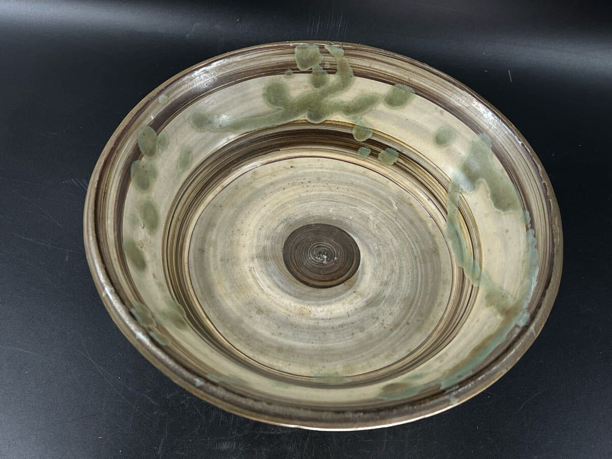 幕末明治期 小鹿田焼 菓子鉢 刷毛目 緑釉斑点紋 民藝 骨董 古玩 時代物 珍しい逸品【博圓】径25.7cm拍卖