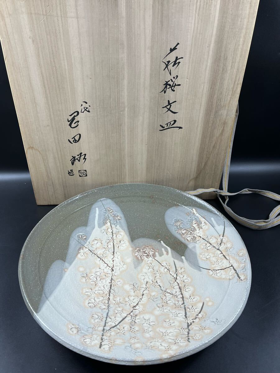 萩焼 桜文大皿 八代岡田裕作 飾皿 一尺三寸 共箱 本人作 縁起物 未使用品【博圓】径40cm拍卖