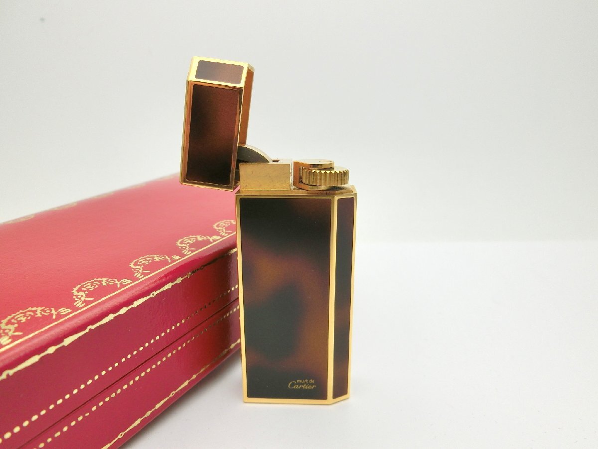 Cartier カルティエ 五角形 べっ甲×ゴールド PLAQUE OR G 着火未確認 火花無し ガスライター 喫煙グッズ 外箱付き 1円~ U0029c拍卖