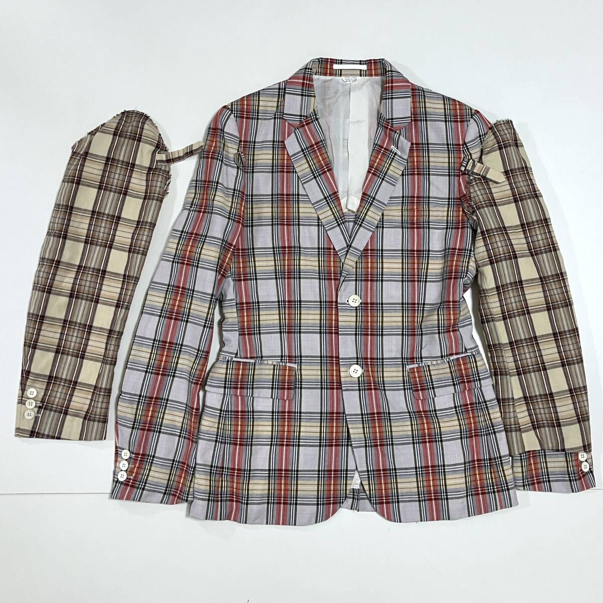 2014SS 孵化期 コムデギャルソンオムプリュス 袖 レイヤード ジャケット チェック Sサイズ HOMME PLUS ドッキング archive 3040322拍卖