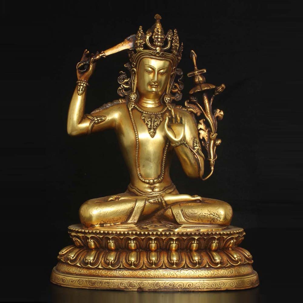 旧 清代 紫銅 鍍金 文殊菩薩 仏像 1体 古家具 中国古美術 古賞物 古置物 唐物 S710拍卖