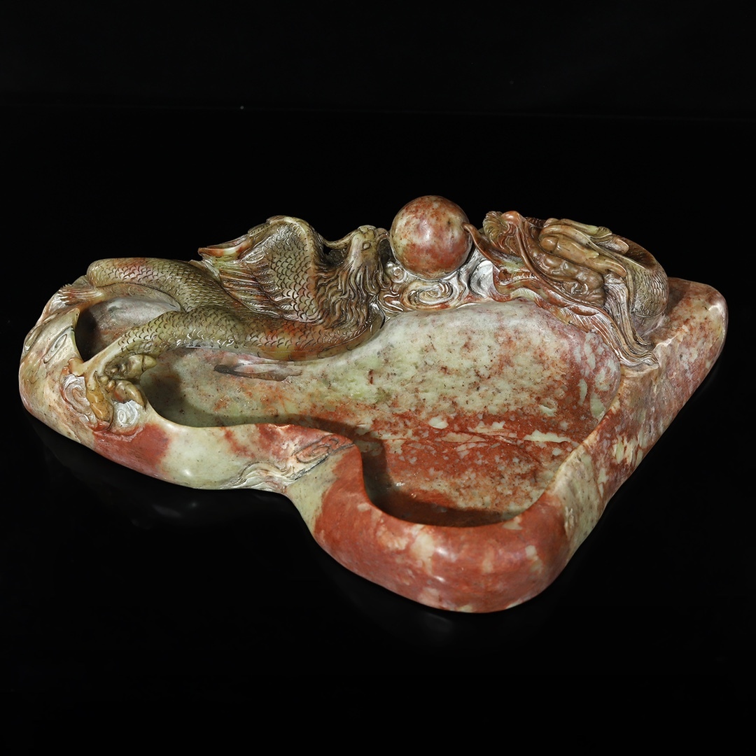 旧 清代 寿山石 彫刻 龍鳳呈祥 筆洗い 時代物 文房具 中国古美術 古賞物 古置物 唐物 S710拍卖