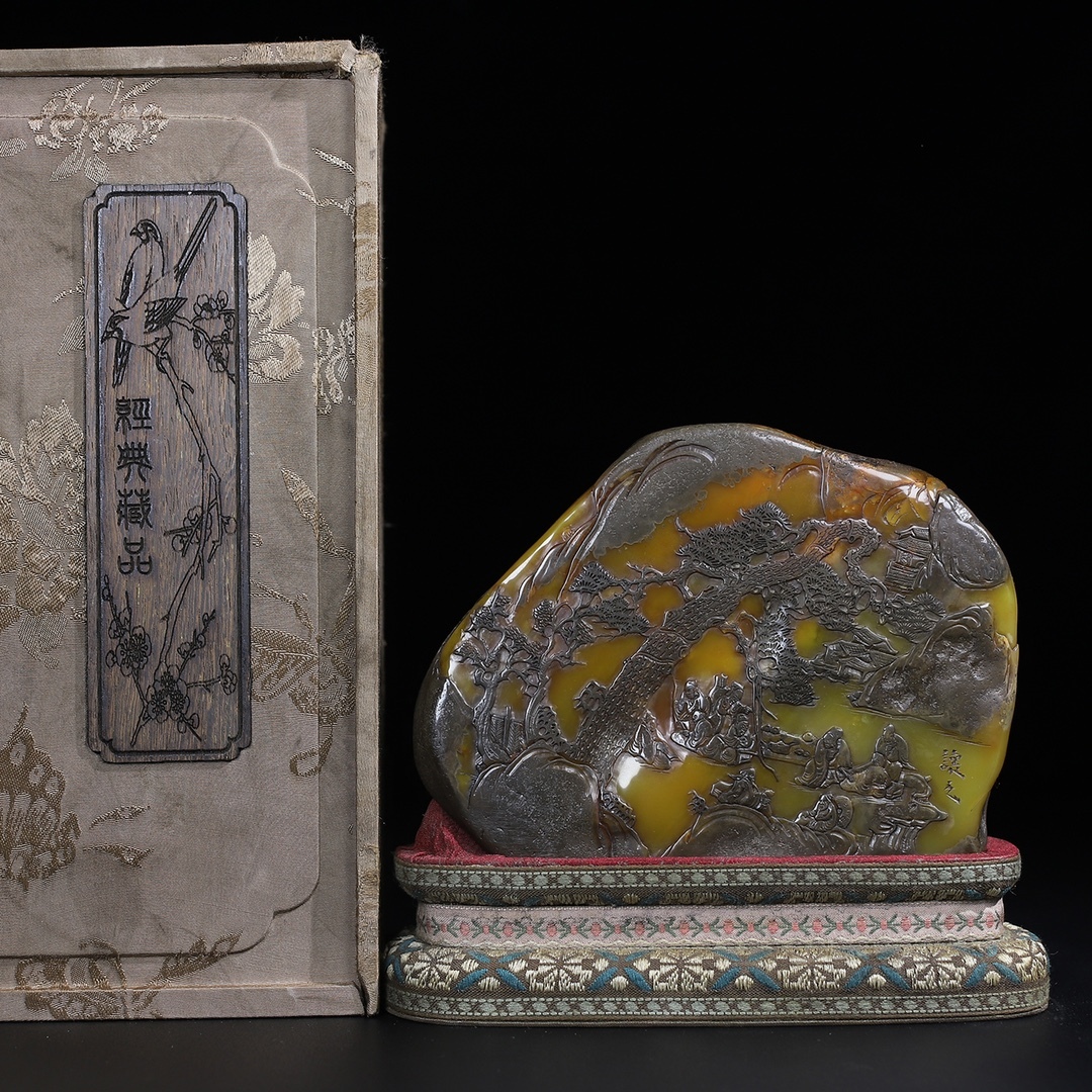 旧 清代 寿山石 烏鴉皮 彫刻 松下聚賢 人物印鑑 文房具 中国古美術 古賞物 唐物 S710拍卖