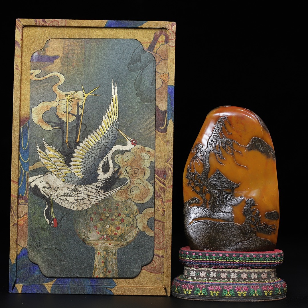 旧 清代 寿山石 烏鴉皮 彫刻 携童訪友 山水人物 印鑑 文房具 中国古美術 古賞物 唐物 S710拍卖