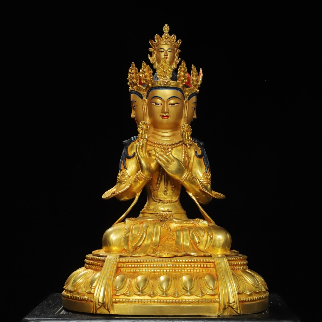 旧 清 居宅供養宗教仏像 大尺寸 銅鍍金描彩 三面観音 仏像造像 中国古美術 古賞物 古置物 唐物 S710拍卖