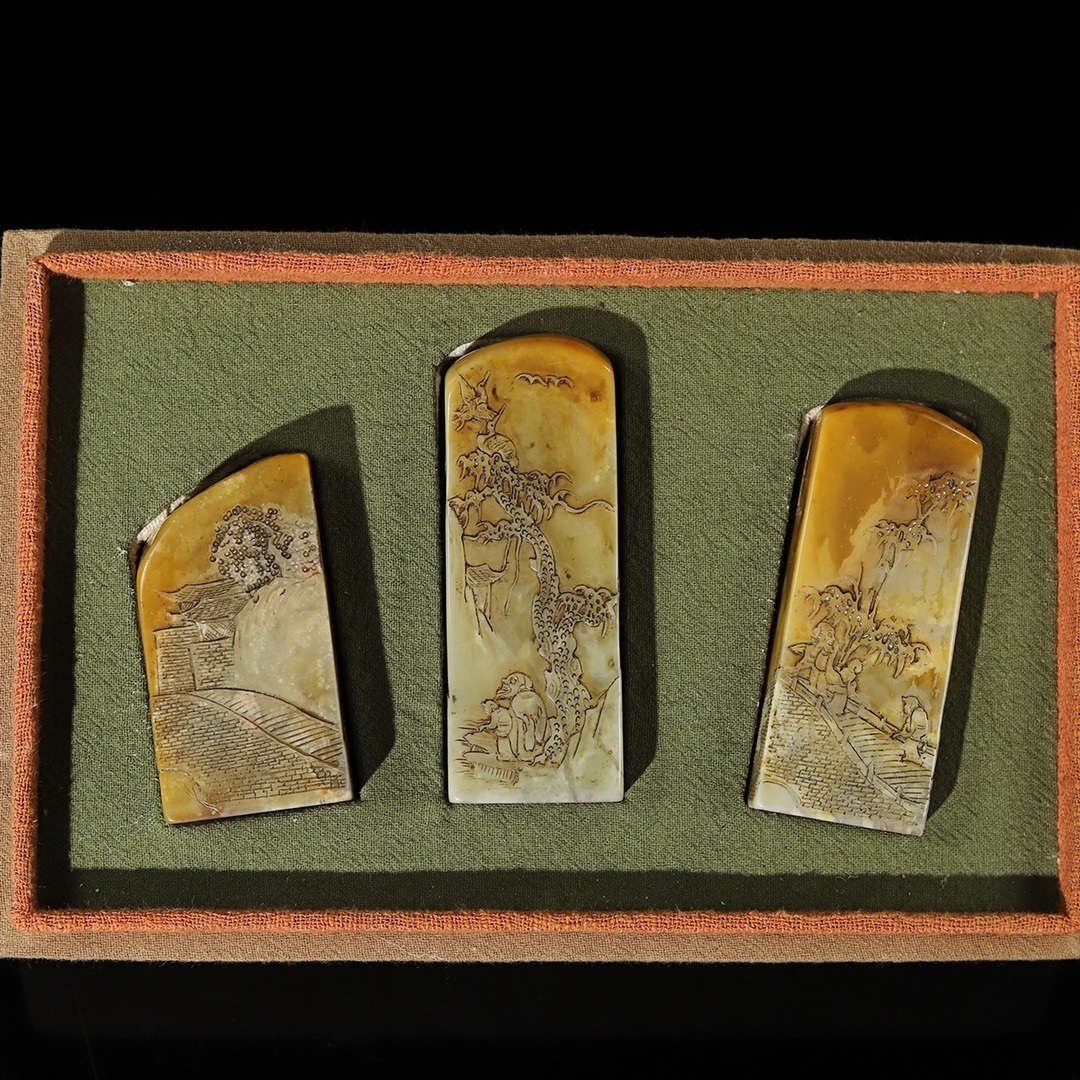 旧 清代 寿山石 彫刻 山水人物 印鑑 一式 文房具 中国古美術 古賞物 古置物 唐物 S710拍卖