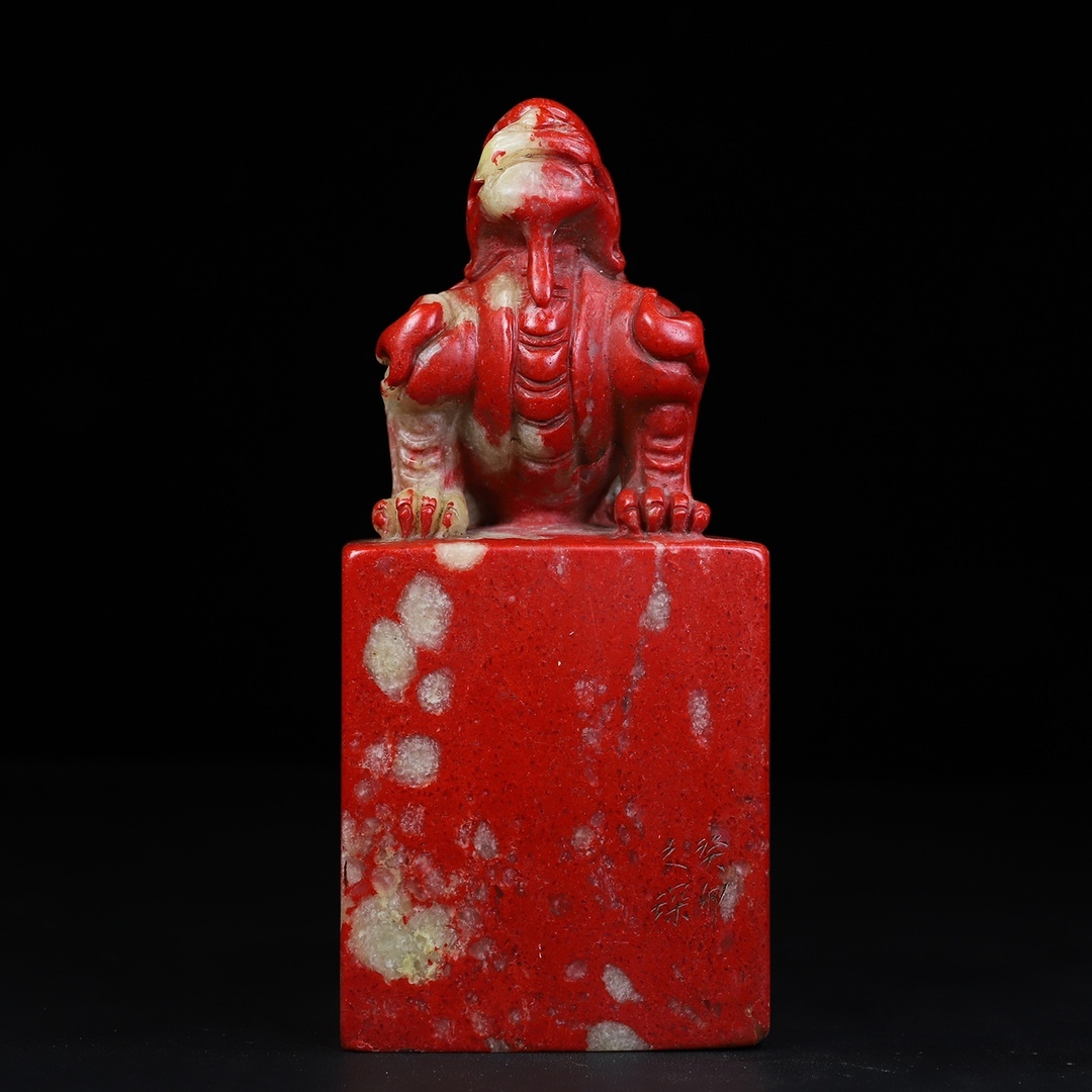 旧 清代 鶏血石 瑞獣 鈕印鑑 文房具 中国古美術 古賞物 古置物 唐物 S710拍卖