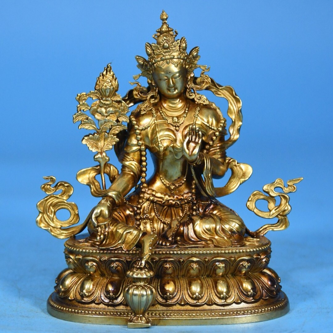 旧 明代 銅塗金 仏像 綠度母 中国古美術 古賞物 古置物 唐物 K710拍卖