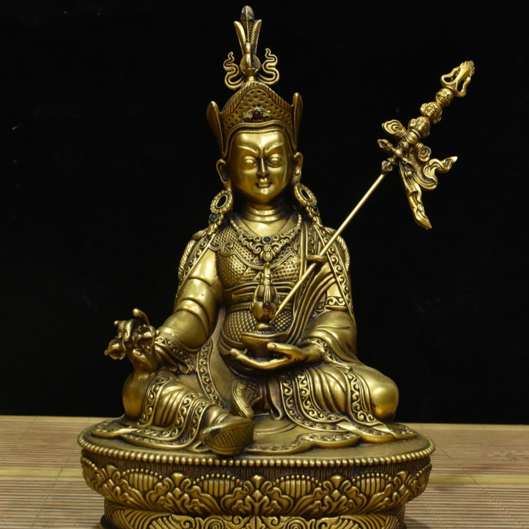 旧 明代 銅塗金 連花生大師仏 中国古美術 古賞物 古置物 唐物 K710拍卖