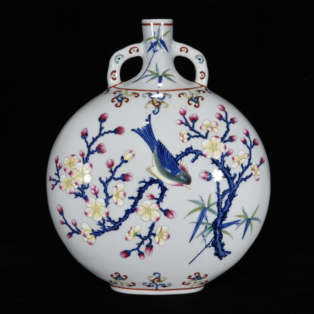 旧 清代 乾隆年製 青花粉彩花鳥紋扁瓶 古陶磁器 陶芸 中国古美術 古賞物 古置物 唐物 K710拍卖