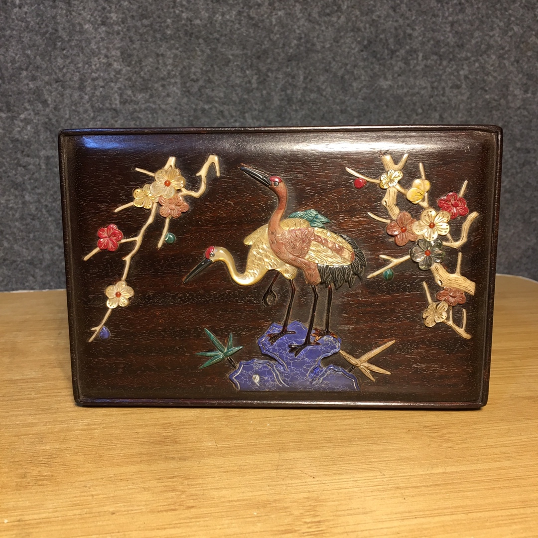 旧 清代 大葉黄梨木 象眼多寶箱子 木製 中国古美術 古賞物 古置物 唐物 K710拍卖