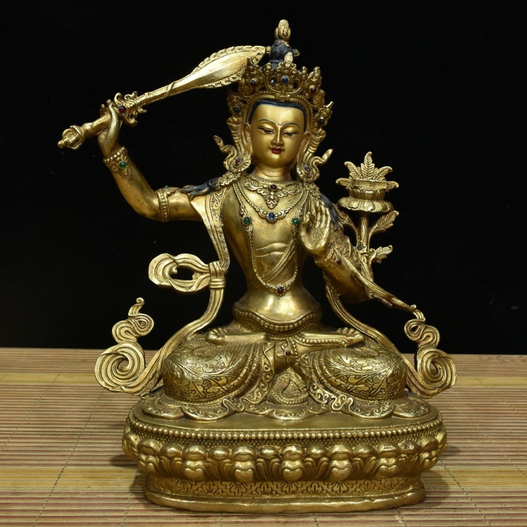 旧 明代 永樂年制 藏傳 銅塗金 文殊菩薩 仏像 中国古美術 古賞物 古置物 唐物 K710拍卖