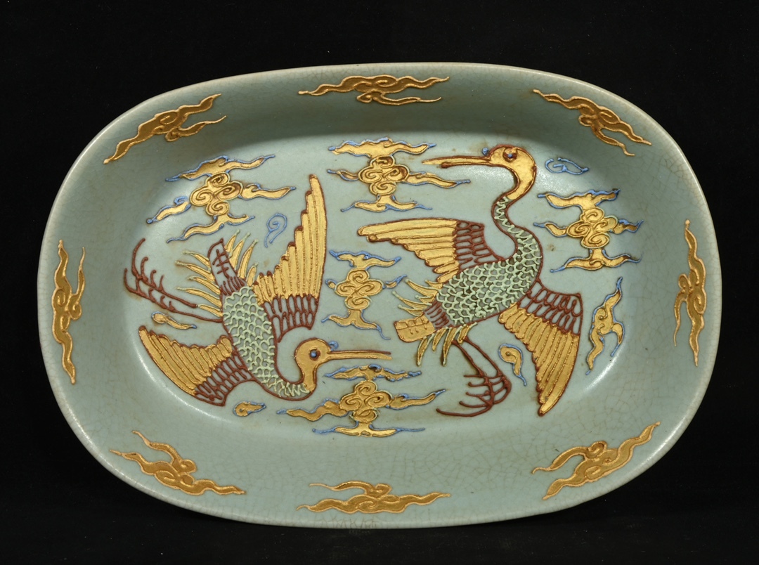 旧 宋代 汝窯 官字 金粉 蒔金 鶴紋水仙鉢 唐磁 古陶磁器 陶芸 中国古美術 古賞物 古置物 唐物 S710拍卖