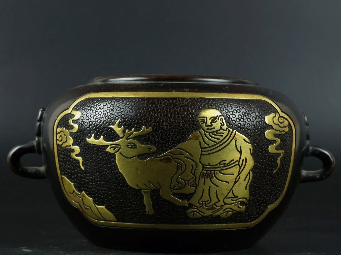 旧 明代 紫銅 雕花塗金炉 中国古美術 古賞物 古置物 唐物 K710拍卖