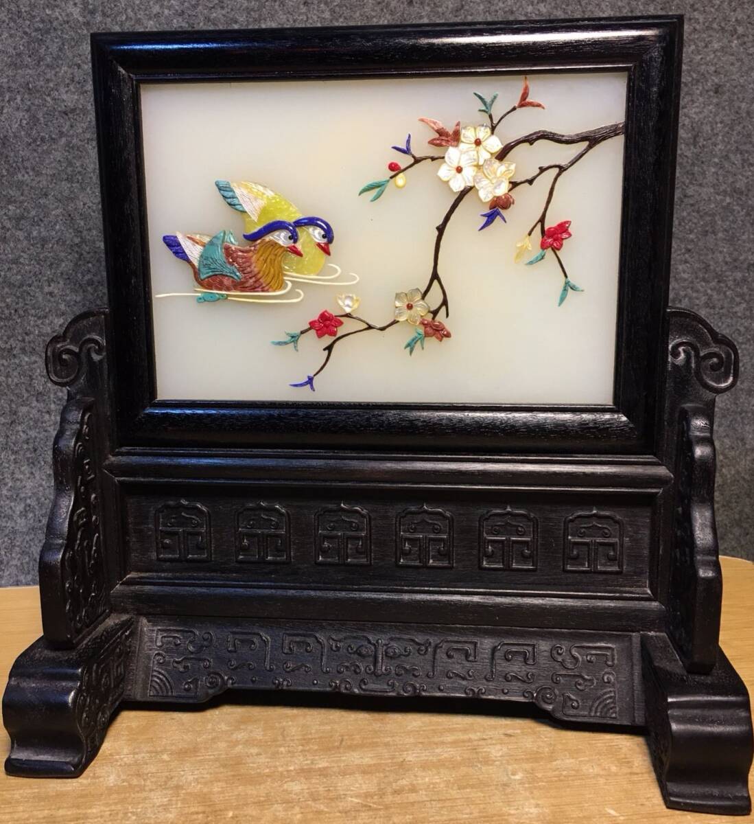 旧 清代 檀木 象眼玉石百宝 插屏 中国古美術 古賞物 古置物 唐物 K710拍卖