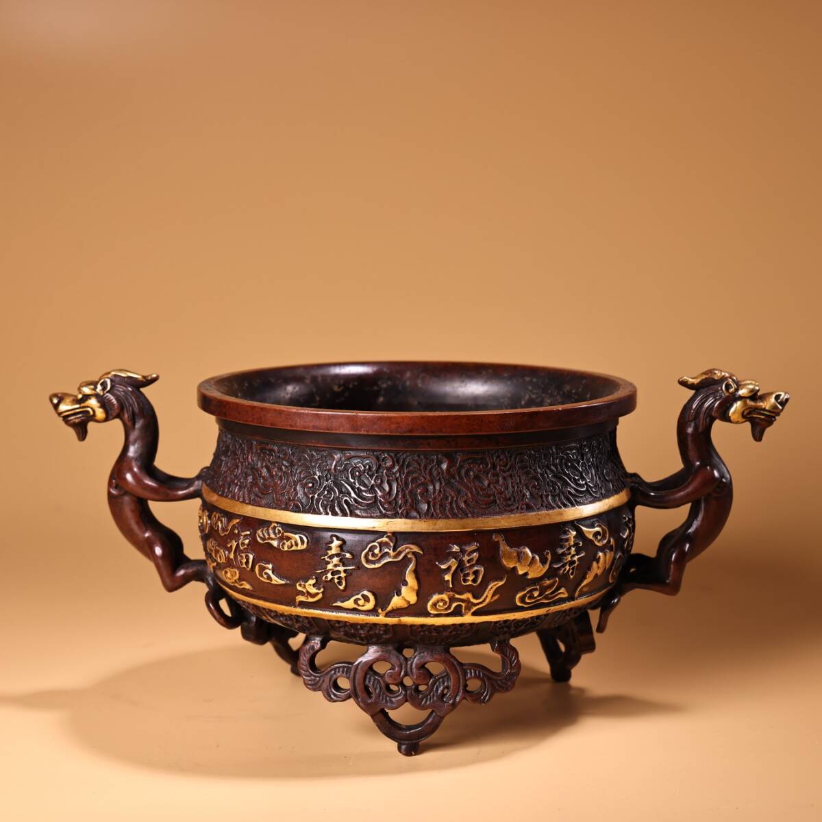 旧 大明宣德 銅製 鍍金 宮廷御用 純紫銅 福禄寿香炉 古家具 中国古美術 古賞物 古置物 唐物 S710拍卖